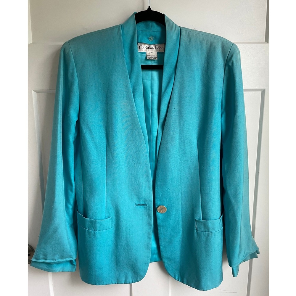 Vintage Christian Dior Silk Blazer Jacket RN 54050 Turquoise Button Lapel Sz 8